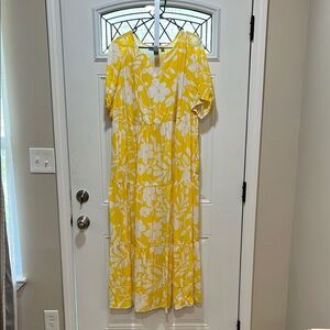 Susan Graver Yellow and White Puff Sleeve Wrap Maxi Dress